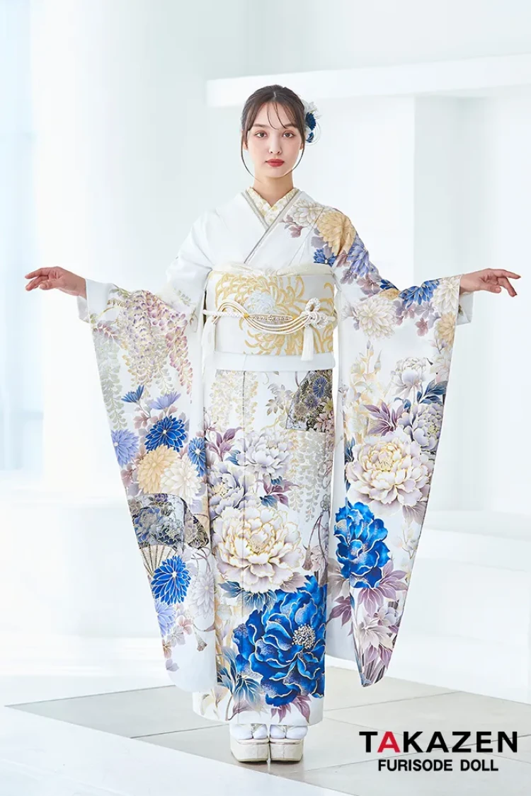 TAKAZENのレンタル振袖 正統派古典　白/青　假屋崎省吾デザイン　スワロフスキー付き　華やか　豪華　きれいめ【通販可】LB50
