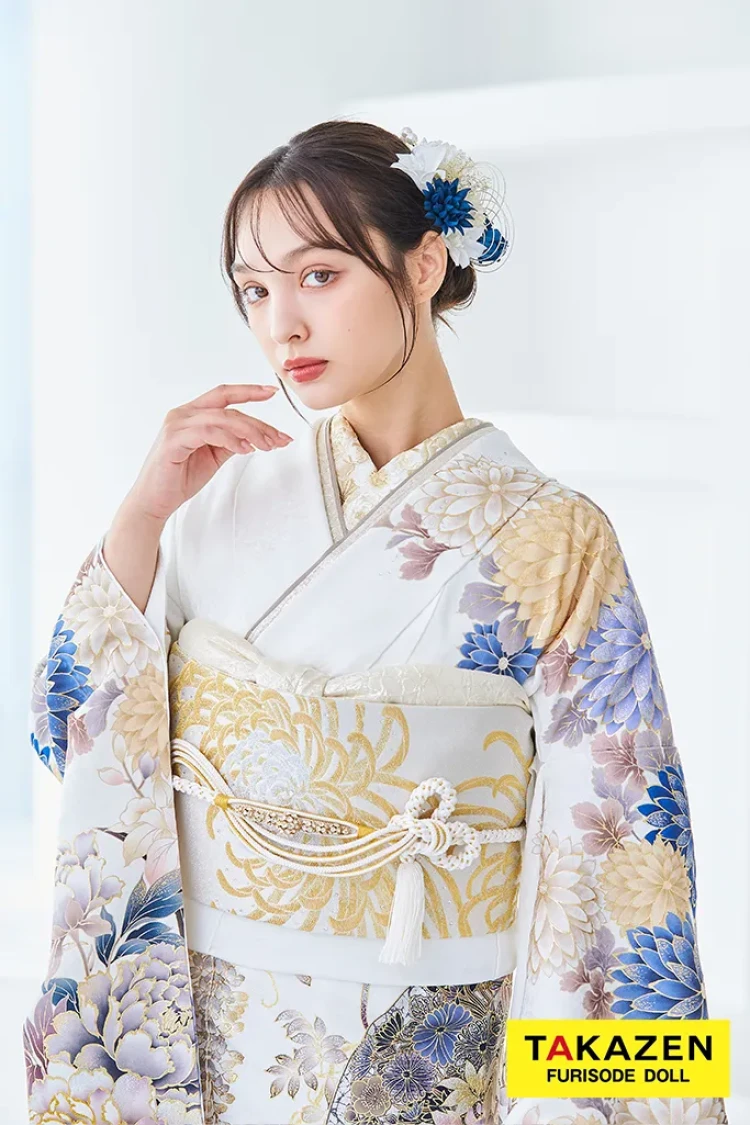 TAKAZENのレンタル振袖 正統派古典　白/青　假屋崎省吾デザイン　スワロフスキー付き　華やか　豪華　きれいめ【通販可】LB50