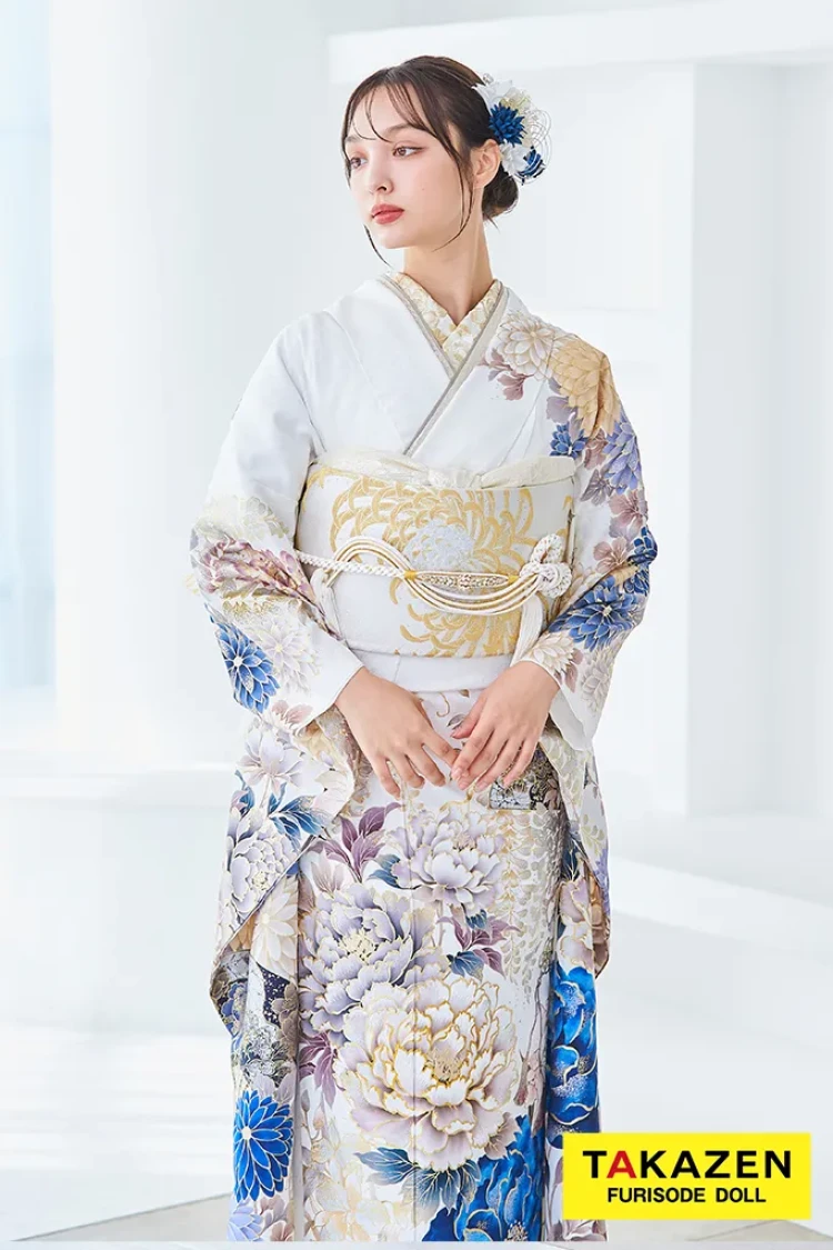 TAKAZENのレンタル振袖 正統派古典　白/青　假屋崎省吾デザイン　スワロフスキー付き　華やか　豪華　きれいめ【通販可】LB50