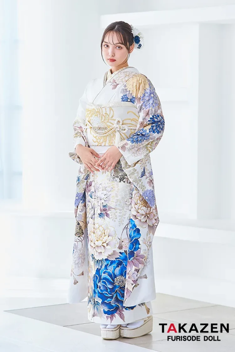 TAKAZENのレンタル振袖 正統派古典　白/青　假屋崎省吾デザイン　スワロフスキー付き　華やか　豪華　きれいめ【通販可】LB50
