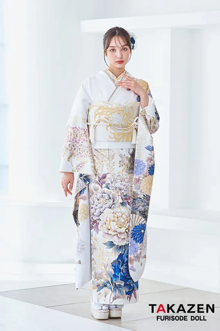 TAKAZENのレンタル振袖 正統派古典　白/青　假屋崎省吾デザイン　スワロフスキー付き　華やか　豪華　きれいめ【通販可】LB50