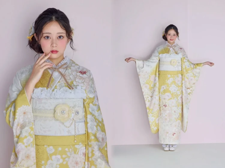 くすみカラーガーリー　イエロー/黄色/淡い色　牡丹柄　かわいい　レース小物コーデ　トレンド振袖　佐藤不二子【通販可】26059