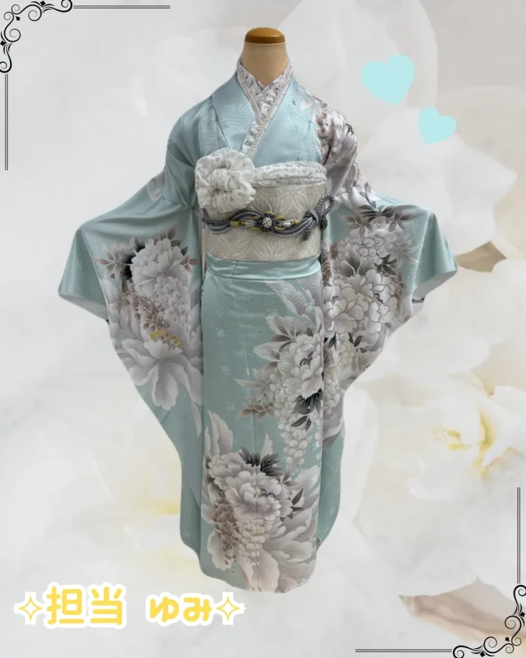 最新作くすみカラーエレガント　水色/アイスブルー　牡丹柄　爽やか　はかなげ　統一感のある着こなし　トレンド振袖　周防ジゼル【通販可】27056