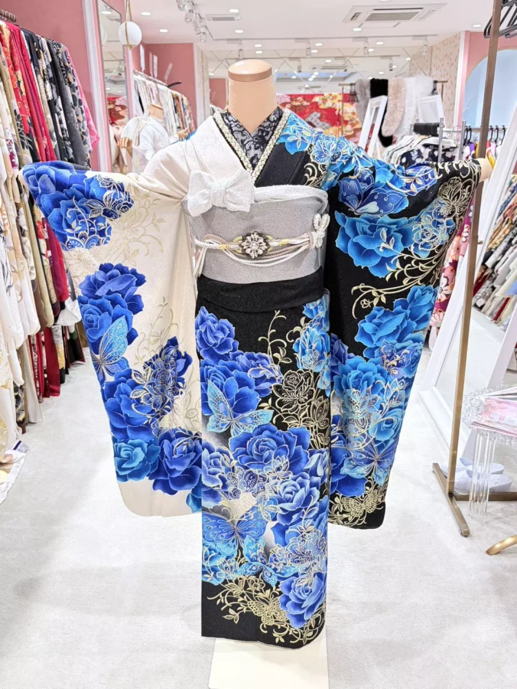 振袖レンタル　姫路　モード　青　キラキラ　ギャル　成人式