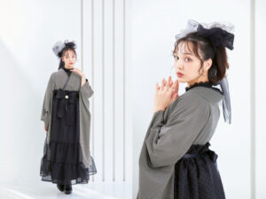 LOOKBOOK　TAKAZEN奈良　卒業式　袴　レンタル　ヴィンテージスタイル袴　黒/グレー　千鳥柄　モノトーン　おしゃれ　アンティーク調　ガーリー　リボン付きドレス袴　香川るな