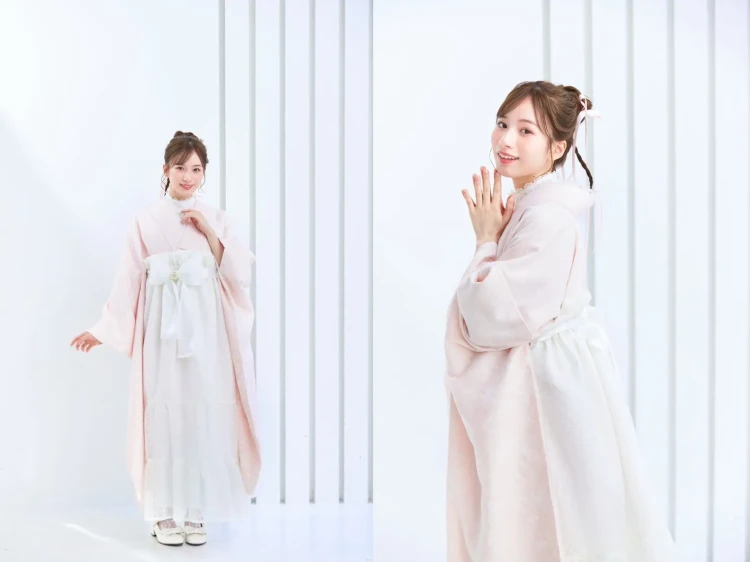 ヴィンテージスタイル袴　ピンク　淡い色　フロッキー生地　おしゃれ　かわいい　リボン付きドレス袴　白宮みずほ　TAKAZEN　奈良　袴　卒業式　レンタル