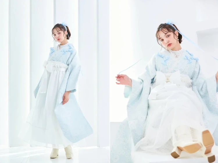 キュート＆ガーリー袴　水色　リボン付き　かわいい　オーガンジー　リボン付きドレス袴　レースインナーコーデ　香川るな　TAKAZEN　奈良　袴　卒業式　レンタル