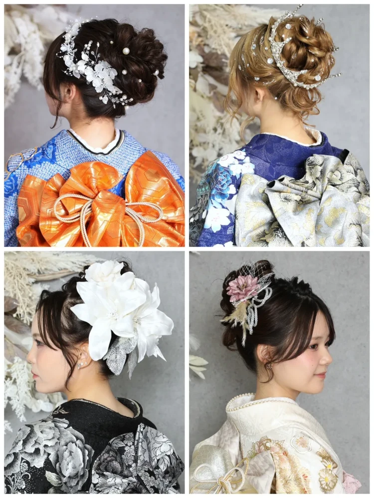 TAKAZEN奈良 振袖 ヘアアレンジ 成人式 ドライフラワー イマドキ かわいい ポニーテール アップスタイル ツインへア サイドポニー