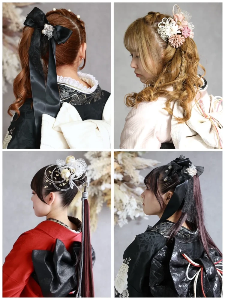 TAKAZEN奈良 振袖 ヘアアレンジ 成人式 ドライフラワー イマドキ かわいい ポニーテール アップスタイル ツインへア サイドポニー