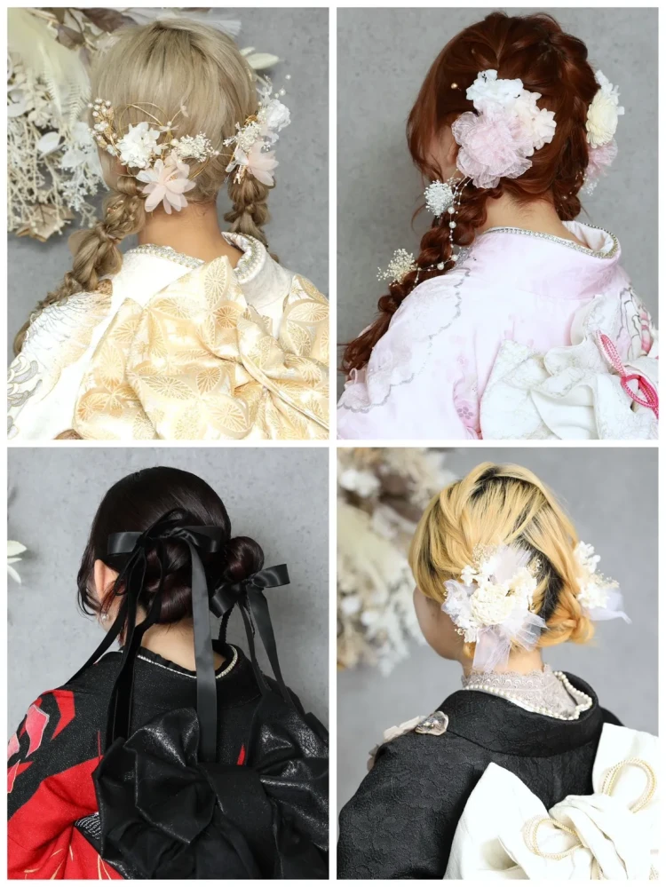 TAKAZEN奈良 振袖 ヘアアレンジ 成人式 ドライフラワー イマドキ かわいい ポニーテール アップスタイル ツインへア サイドポニー