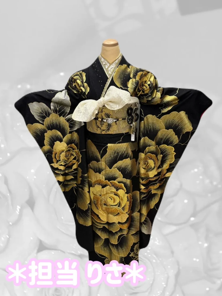 TAKAZEN橿原　奈良　橿原　成人式　振袖　振袖レンタル　前撮り　卒業式　袴レンタル　黒　金　薔薇　