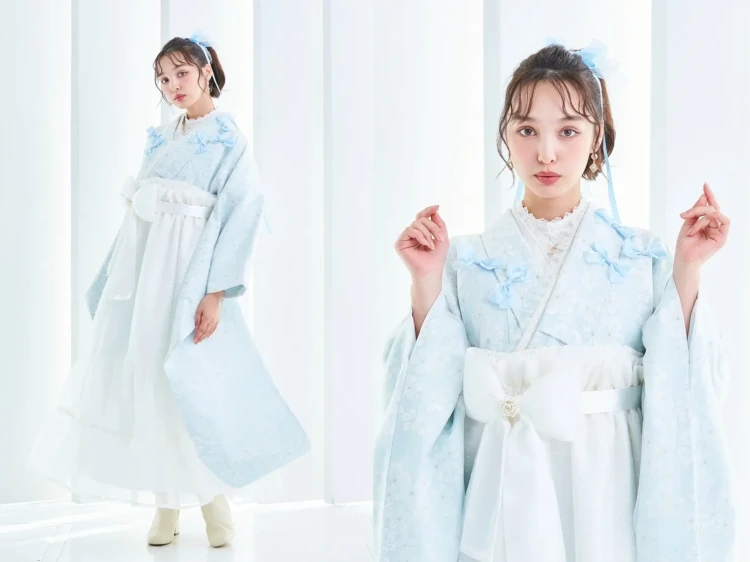 TAKAZEN橿原　奈良　橿原　成人式　振袖　振袖レンタル　前撮り　卒業式　袴レンタルキュート＆ガーリー袴　水色　リボン付き　かわいい　オーガンジー　リボン付きドレス袴　レースインナーコーデ　香川るな【通販可】LH9