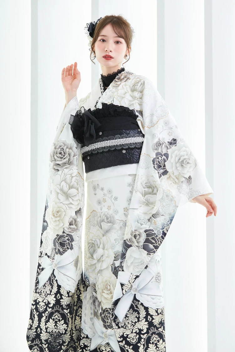 成人式振袖レンタル　HEPBURN　コスメカラー　白黒　トレンド振袖