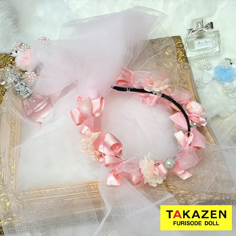 TAKAZEN　奈良　振袖　レンタル　成人式　ガーリーヘッドドレス　ベール付きカチューシャ　ピンク　洋風　おしゃれ　　チュール　フェミニン　リボン　お花　order57