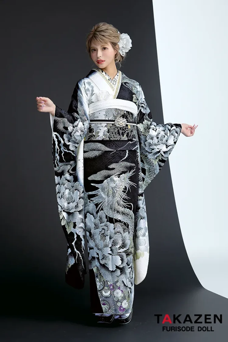 成人式振袖レンタル　シルバー龍　キラキラ