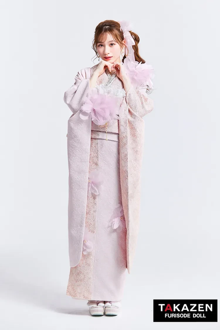TAKAZENのレンタル振袖 ヘップバーンchouchou　ピンク　かわいい　シフォンのお花付き/レース　異素材　人とかぶらない　おしゃれ　姫ギャル　白宮みずほ【通販可】27017
