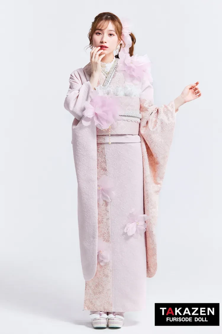 TAKAZENのレンタル振袖 ヘップバーンchouchou　ピンク　かわいい　シフォンのお花付き/レース　異素材　人とかぶらない　おしゃれ　姫ギャル　白宮みずほ【通販可】27017