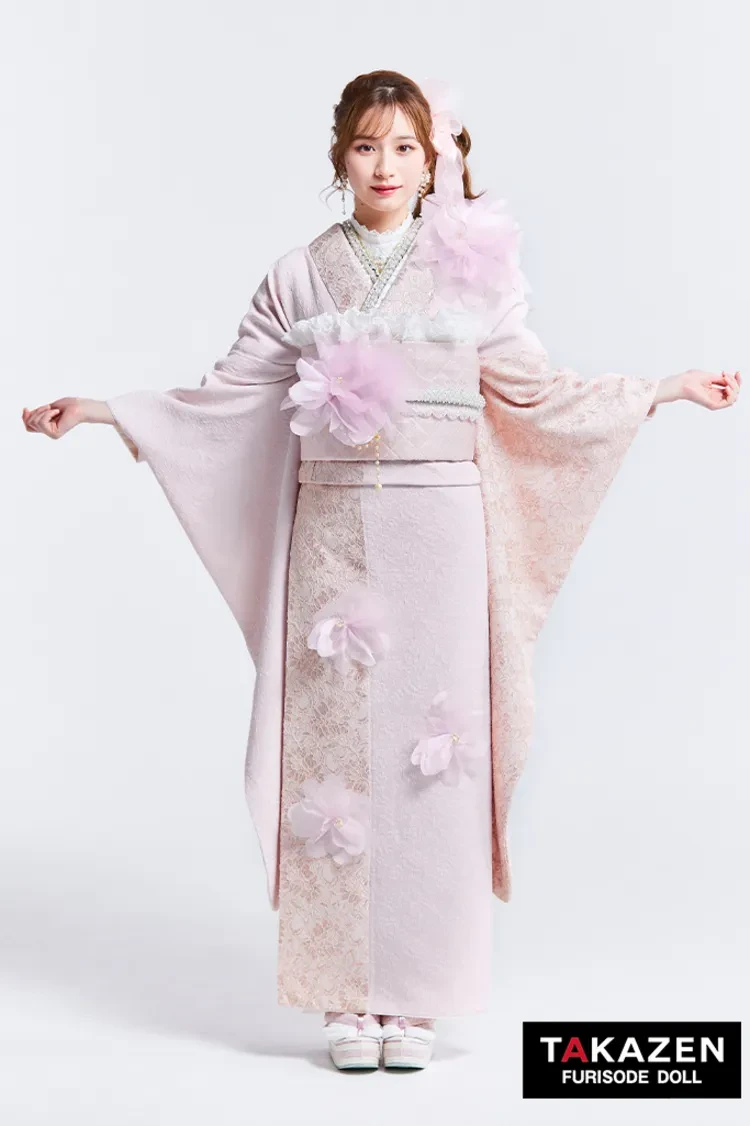TAKAZENのレンタル振袖 ヘップバーンchouchou　ピンク　かわいい　シフォンのお花付き/レース　異素材　人とかぶらない　おしゃれ　姫ギャル　白宮みずほ【通販可】27017