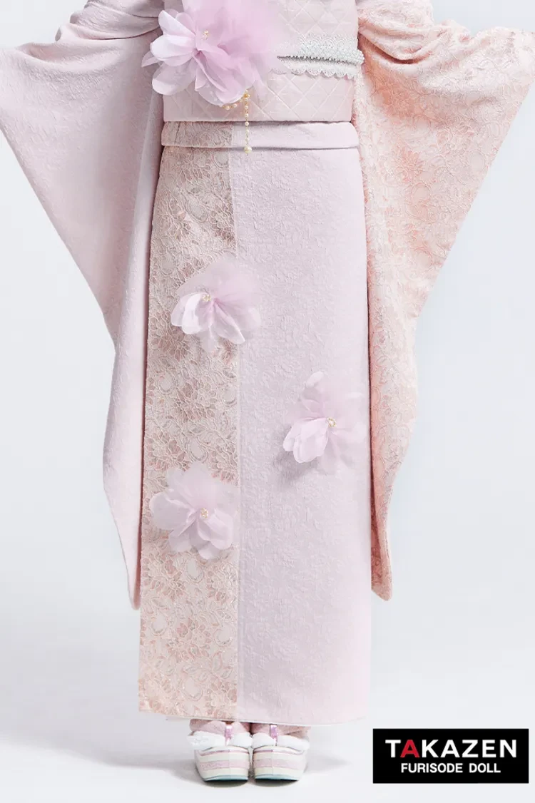TAKAZENのレンタル振袖 ヘップバーンchouchou　ピンク　かわいい　シフォンのお花付き/レース　異素材　人とかぶらない　おしゃれ　姫ギャル　白宮みずほ【通販可】27017