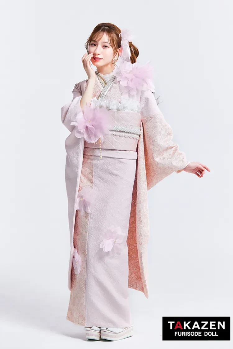 TAKAZENのレンタル振袖 ヘップバーンchouchou　ピンク　かわいい　シフォンのお花付き/レース　異素材　人とかぶらない　おしゃれ　姫ギャル　白宮みずほ【通販可】27017