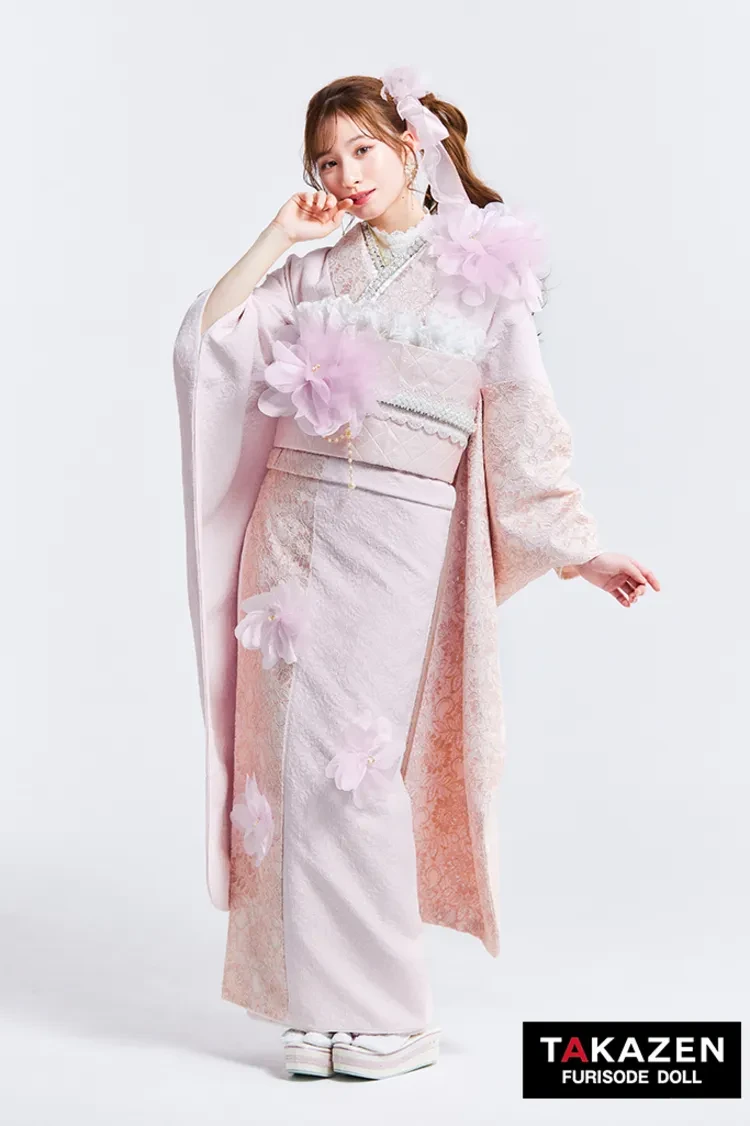 TAKAZENのレンタル振袖 ヘップバーンchouchou　ピンク　かわいい　シフォンのお花付き/レース　異素材　人とかぶらない　おしゃれ　姫ギャル　白宮みずほ【通販可】27017