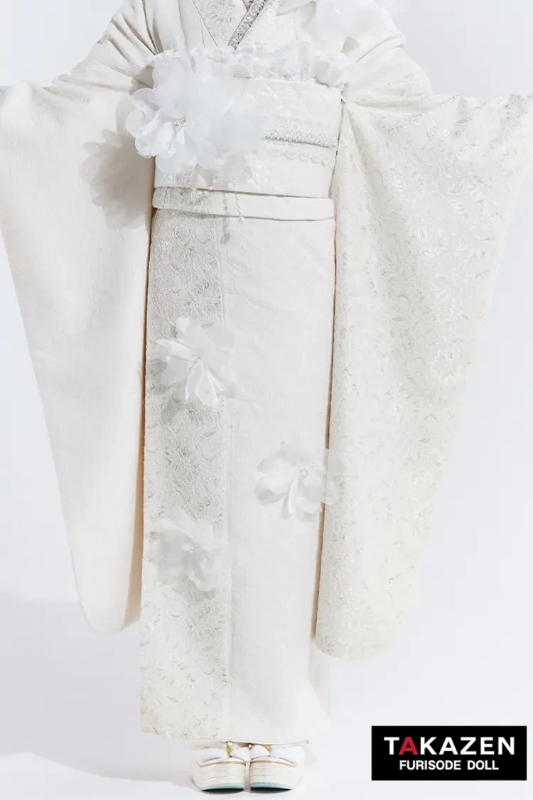 TAKAZENのレンタル振袖 ヘップバーンchouchou　白/オールホワイト　かわいい　シフォンのお花付き/レース　異素材　人とかぶらない　おしゃれ　量産型　白宮みずほ【通販可】27018