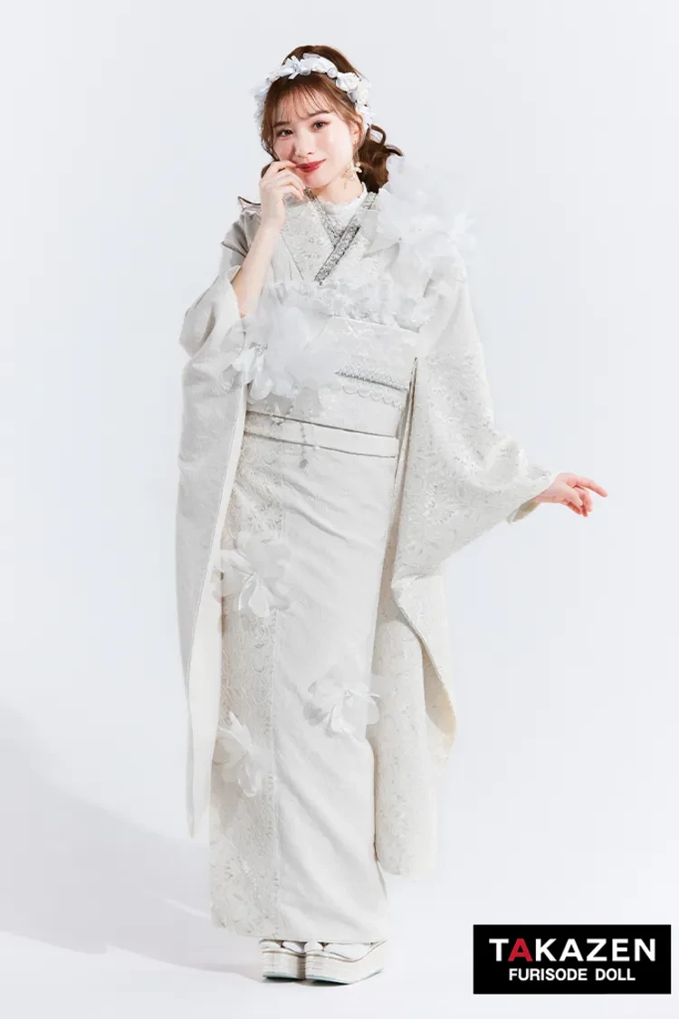 TAKAZENのレンタル振袖 ヘップバーンchouchou　白/オールホワイト　かわいい　シフォンのお花付き/レース　異素材　人とかぶらない　おしゃれ　量産型　白宮みずほ【通販可】27018