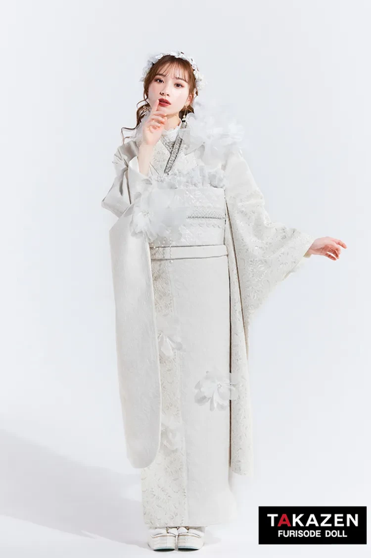 TAKAZENのレンタル振袖 ヘップバーンchouchou　白/オールホワイト　かわいい　シフォンのお花付き/レース　異素材　人とかぶらない　おしゃれ　量産型　白宮みずほ【通販可】27018