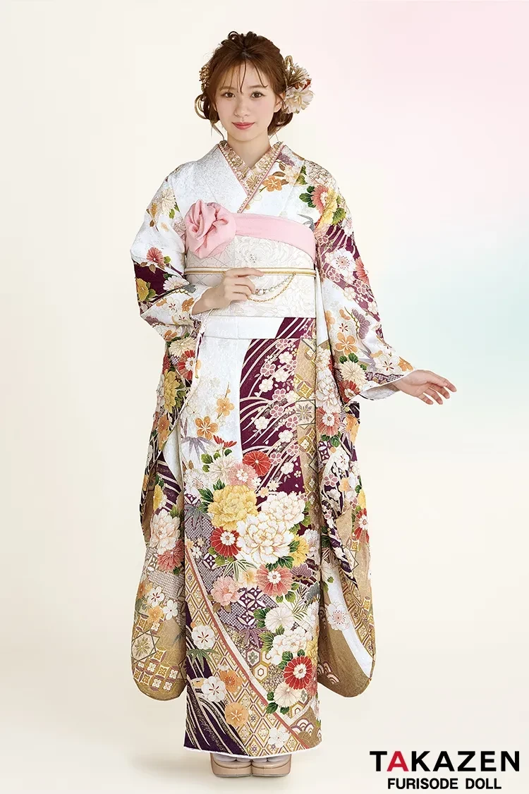TAKAZEN 奈良 ふりそで レンタル 成人式 最新作正統派古典 白地/紫 牡丹柄/鹿の子模様 大人っぽい 綺麗 上品 華やか 清楚 白宮みずほ