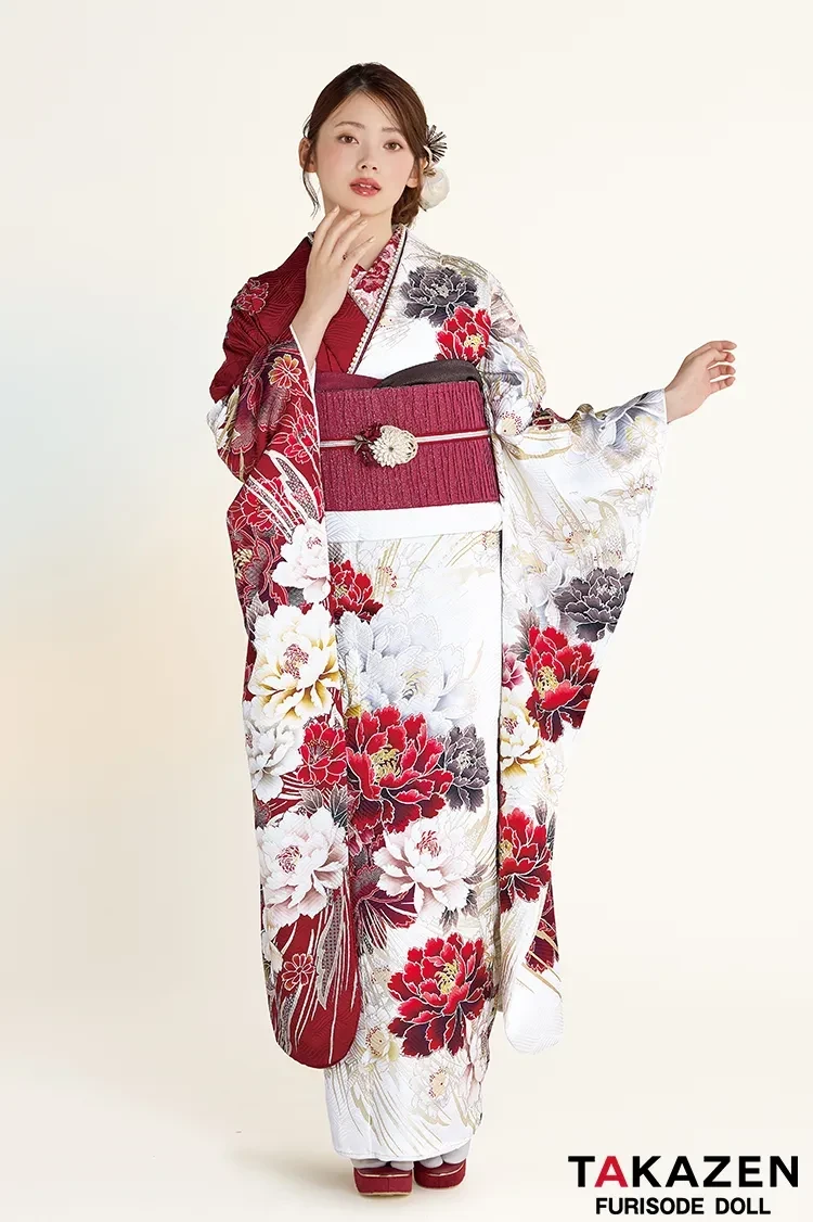 TAKAZEN奈良　振袖　レンタル　成人式　最新作正統派古典　白赤　牡丹柄/大柄　大人っぽい　きれいめ　上品　豪華　清楚　南琴奈