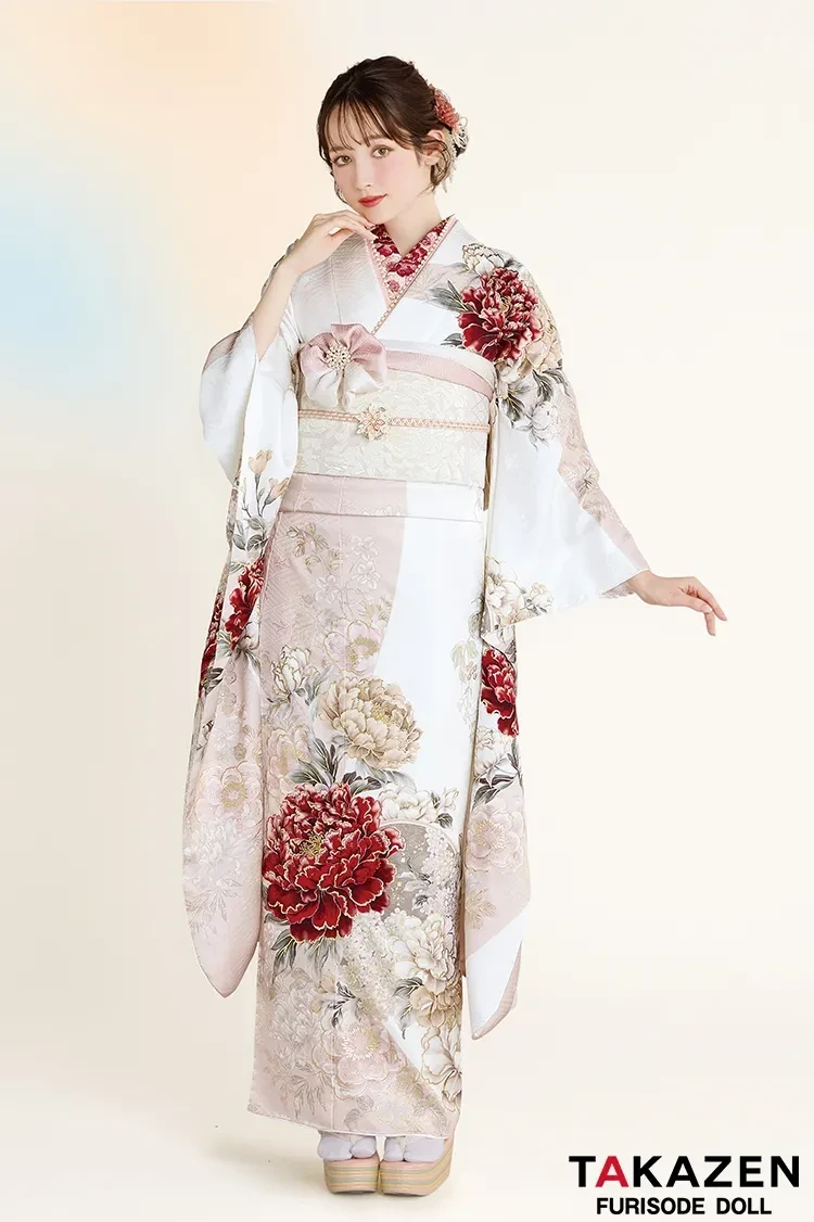 TAKAZEN奈良 振袖 レンタル 成人式 最新作正統派古典 白ピンク 牡丹柄 はんなり かわいい おしとやか 上品 周防ジゼル