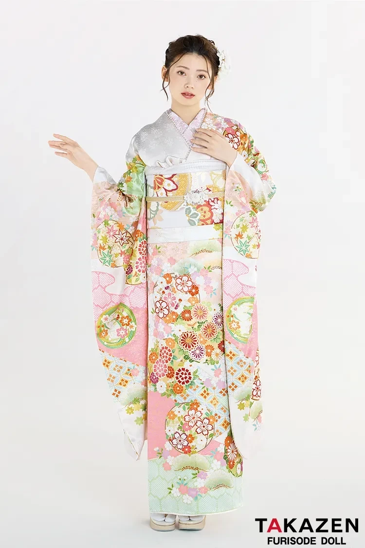 TAKAZEN奈良　振袖　レンタル　成人式　最新作プレミアム古典　白ピンク/白地　菊柄/鹿の子模様　吉澤織物　文樂・人間国宝吉田蓑助の世界　かわいい　透明感のある振袖　上品　南琴奈