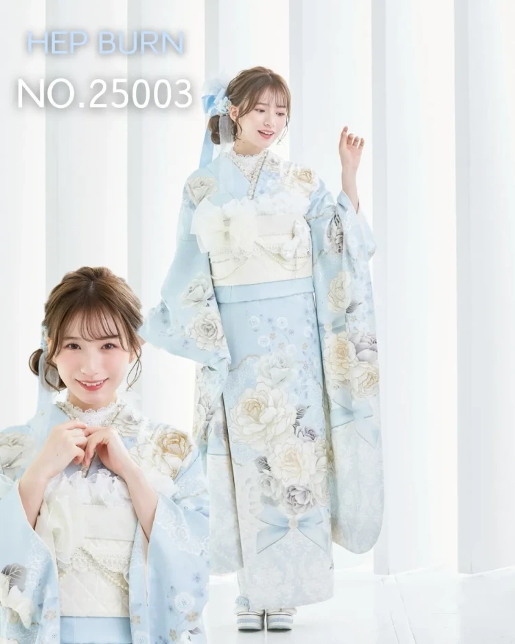 振袖レンタル　成人式　なんば　心斎橋　天王寺　大阪　人気タカゼン心斎橋店TAKAZENオリジナルキラキラ可愛い水色ヘップバーンシリーズコスメカラーくすみカラー淡い