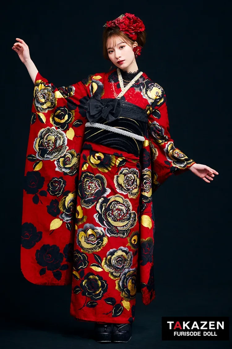 TAKAZENのレンタル振袖 プレミアムヘップバーンローズ　赤/金/ゴールド　キラキラビジュー付き　高級　ゴージャス　目立つ　強め振袖　白宮みずほ【通販可】32028