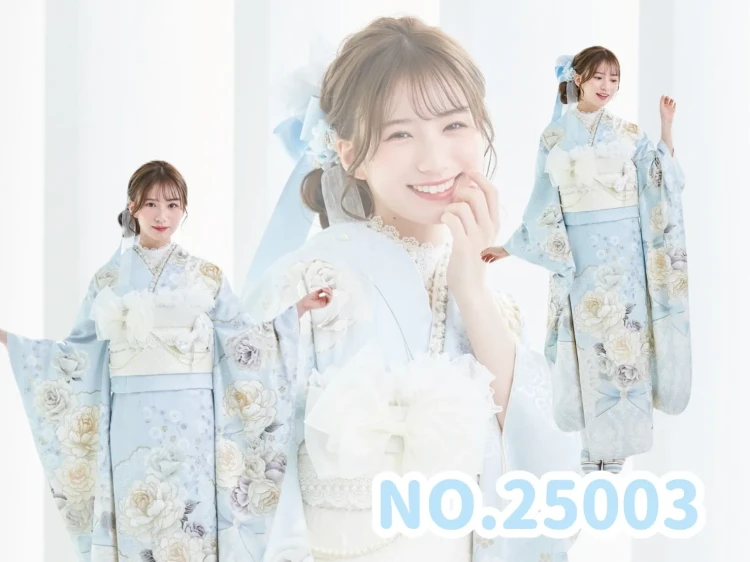 TAKAZEN橿原　奈良　橿原　成人式　振袖　振袖レンタル　前撮り　卒業式　袴レンタル　ヘップバーンコスメカラー　水色/白/ミスティブルー　バラ柄/ブーケ柄　かわいい　エレガント　リボン　キラキラ　おしゃれ　白宮みずほ【通販可】25003