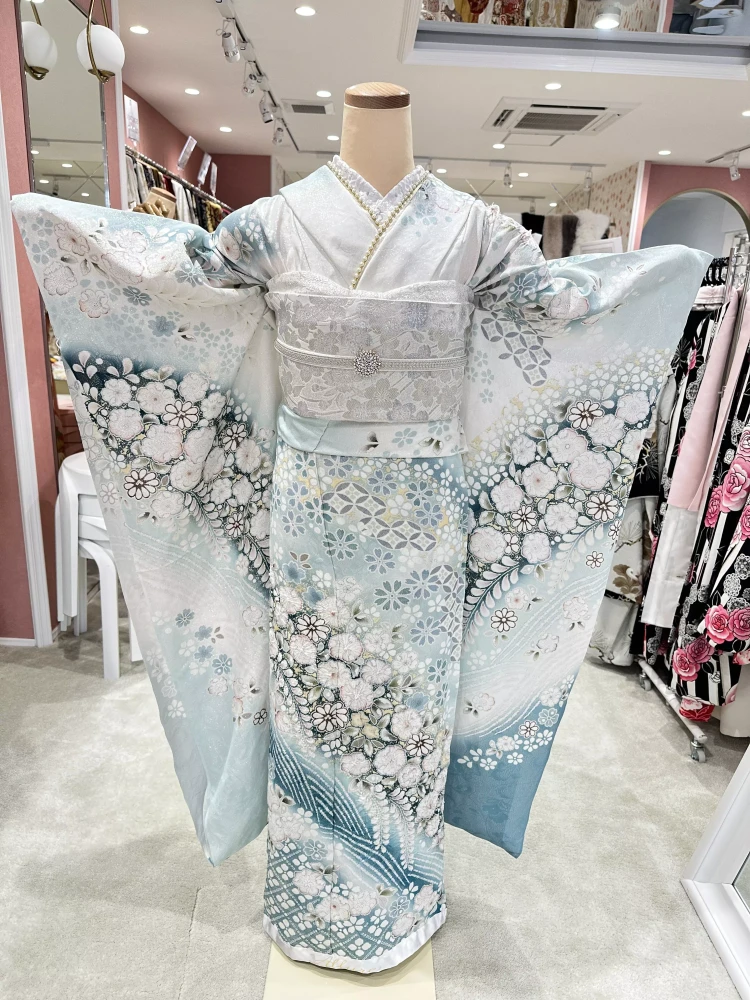 振袖レンタル　水色　高級　振袖　絞り　かわいい　イマドキ　タカゼン　姫路