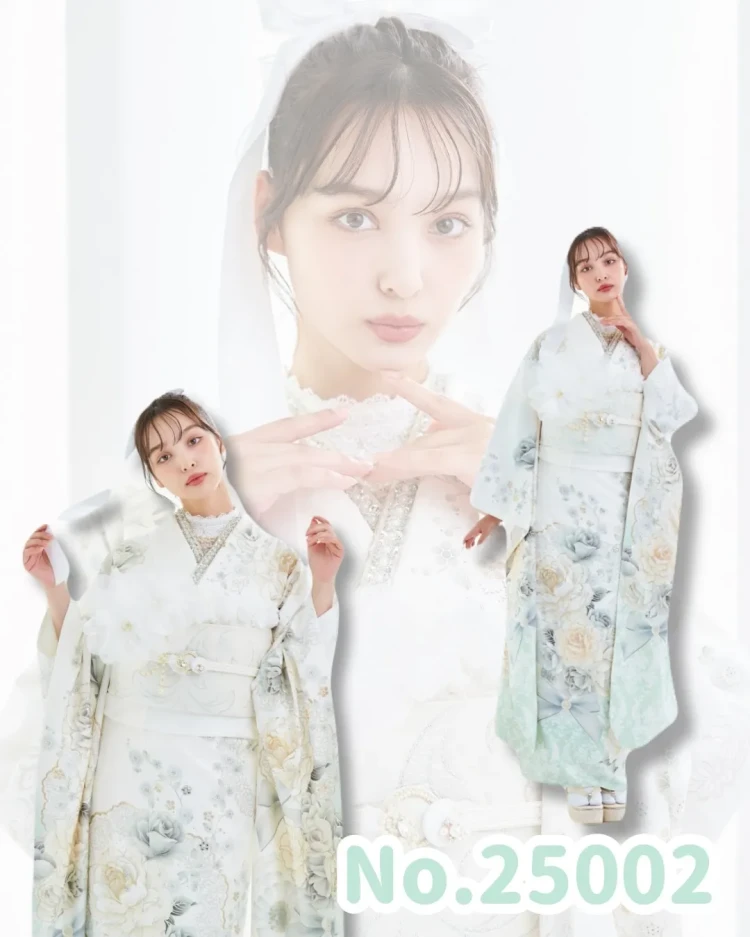 振袖　レンタル　ヘップバーンコスメカラー　白/ミントグリーン/淡い色　バラ柄/ブーケ柄　ガーリー　かわいい　レースインナー　香川るな【通販可】25002