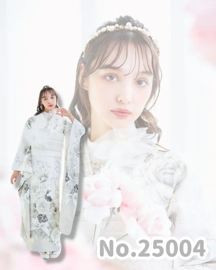 振袖レンタル奈良　ヘップバーンコスメカラー　白/シルバー　バラ柄/ブーケ柄　かわいい　エレガント　リボン　キラキラ　ドレッシー　香川るな【通販可】25004