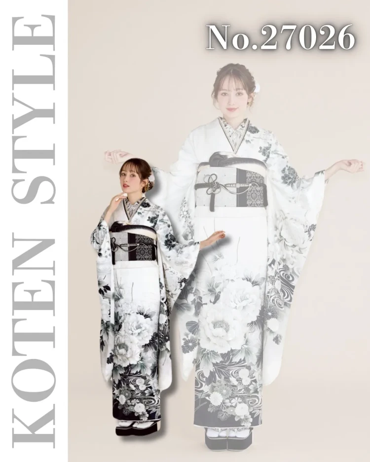 振袖レンタル　最新作正統派古典　白地/黒　牡丹柄/流水模様　かっこいい　大人っぽい　綺麗　シック　上品　周防ジゼル【通販可】27026