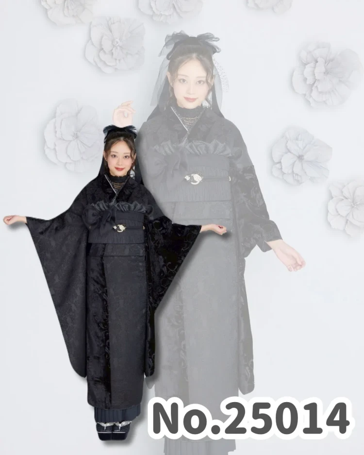 振袖レンタル　くすみカラーレトロ　黒　ジャガード生地/ベルベット　お洒落　アンティーク調　レースインナー/プリーツスカート　佐藤不二子【通販可】25014