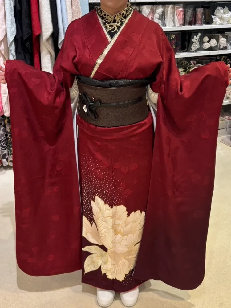 成人式　振袖レンタル　堺　くすみカラー　シンプル　えんじ