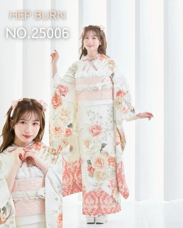 振袖レンタル　成人式　なんば　心斎橋　天王寺　大阪　人気タカゼン心斎橋店TAKAZENオリジナルキラキラ可愛い白ピンク色ピーチヘップバーンシリーズコスメカラーくすみカラー淡い