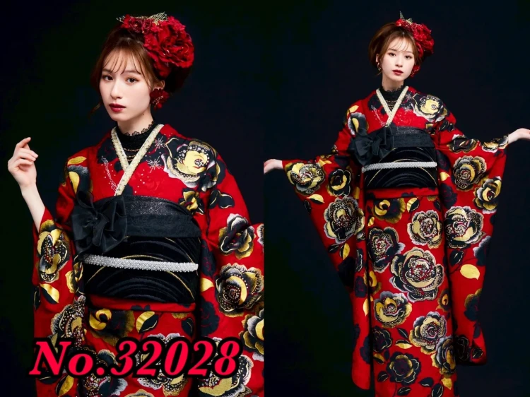 TAKAZEN橿原　奈良　橿原　成人式　振袖　振袖レンタル　前撮り　卒業式　袴レンタルプレミアムヘップバーンローズ　赤/金/ゴールド　キラキラビジュー付き　高級　ゴージャス　目立つ　強め振袖　白宮みずほ【通販可】32028