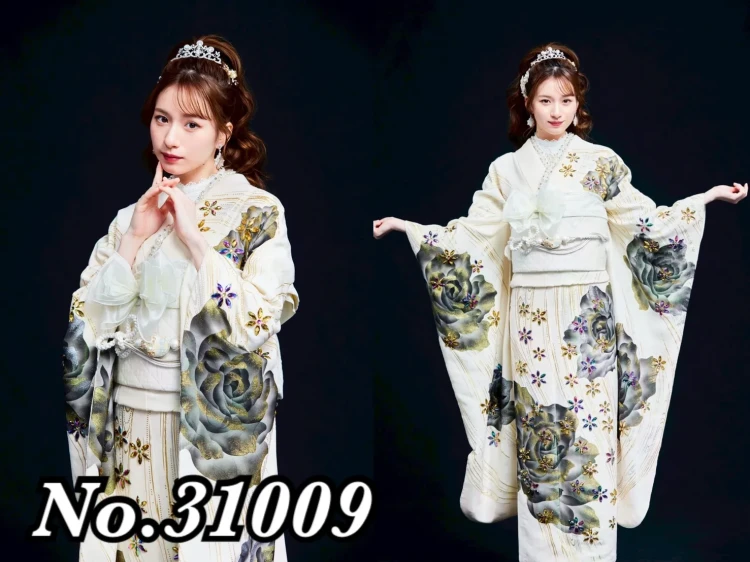 TAKAZEN橿原　奈良　橿原　成人式　振袖　振袖レンタル　前撮り　卒業式　袴レンタルプレミアムヘップバーン　白/オーロラ　ビジュー付き　高級　エレガント　洋風　ゴージャス　白宮みずほ【通販可】31009