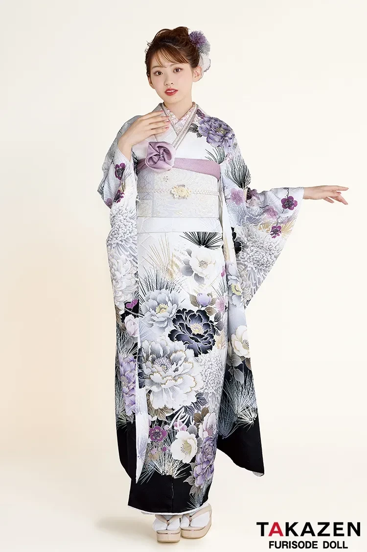 TAKAZEN橿原　奈良　橿原　成人式　振袖　振袖レンタル　前撮り　卒業式　袴レンタル　最新作正統派古典　白紫　牡丹柄　大人っぽい　きれいめ　透明感　品のある振袖　上品　村上なずな【通販可】27030