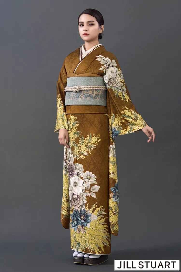 TAKAZENのレンタル振袖 JILL STUARTブランド振袖 からし/マスタード ミモザ 大人っぽい 控えめ 綺麗 エレガント【通販可】K1321