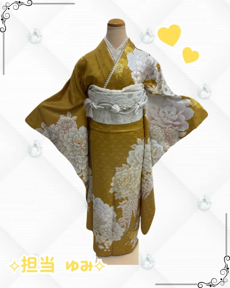 振袖レンタル　TAKAEN奈良店　正統派古典　マスタード/からし　ボタン柄/藤の花柄　ヴィンテージスタイル　假屋崎省吾ブランド　大人っぽい【通販可】23030