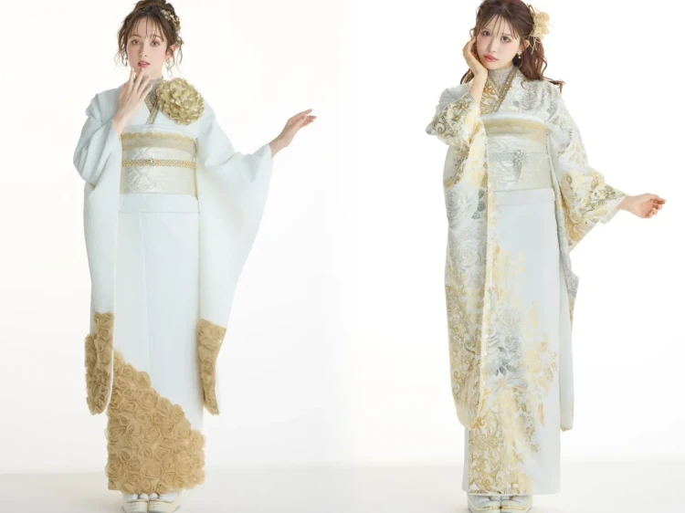 ホワイトにゴールド刺繍と立体ローズをあしらった高級感あふれる振袖コーディネート