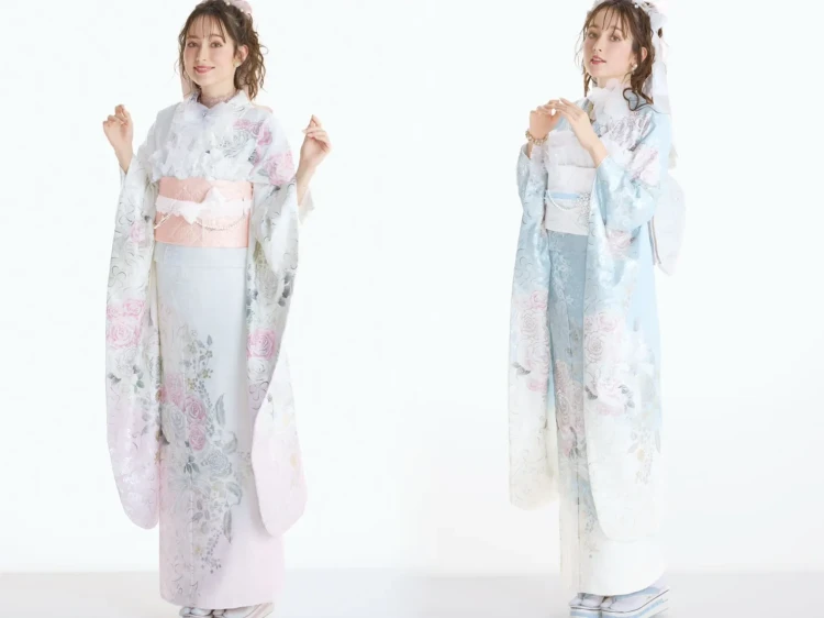 姫路で人気のパステルピンクとブルーのグラデーションにローズ柄が描かれたトレンド感のある振袖　