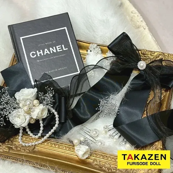 振袖レンタル奈良橿原　リボン×パール髪飾り　黒　ワンホンヘア　ロングリボン　キラキラパーツ付き　おしゃれ　洋風　ゴージャス　order54